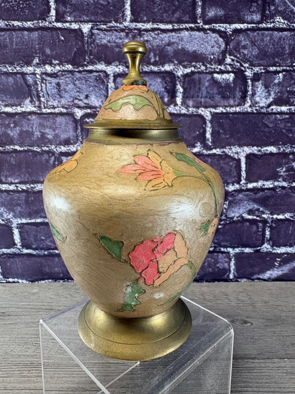 Vintage Solid Brass Painted Ginger Jar